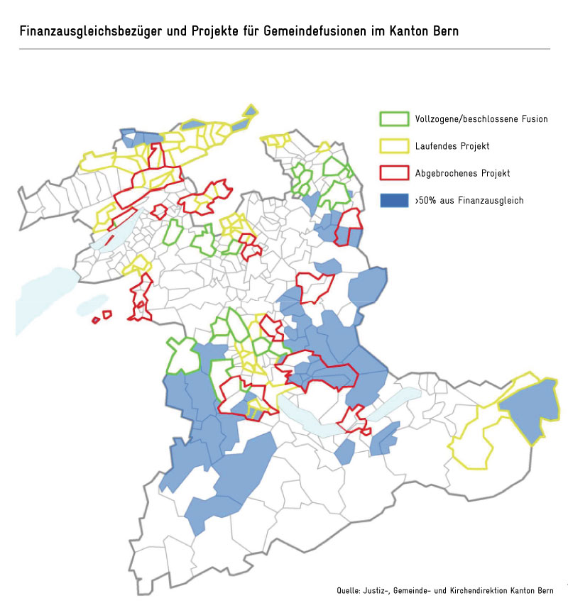 Finanzausgleichsbezüger und Projekte für Gemeindefusionen im Kanton Bern