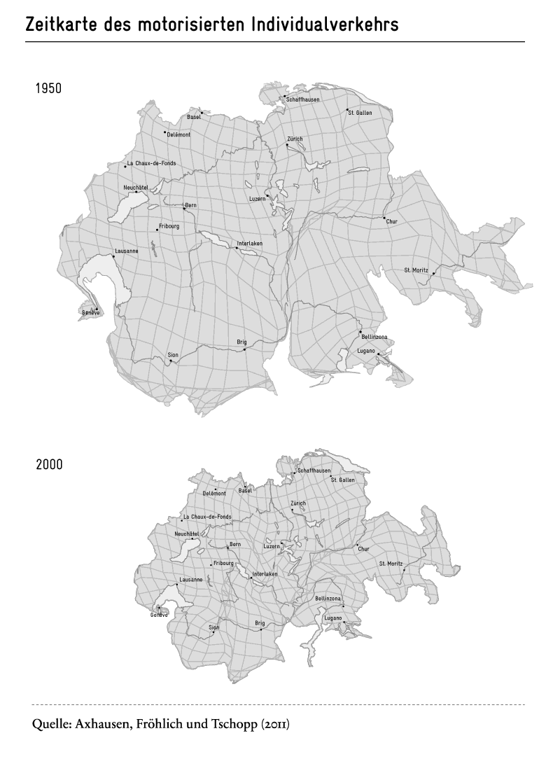 Wachsende Mobilität: Zeitkarte des motorisierten Individualverkehrs der Schweiz 1950 und 2000