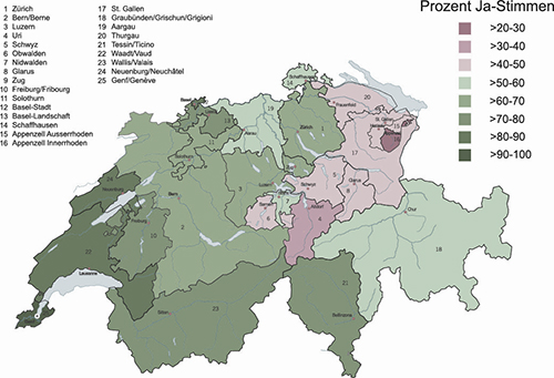 Result of the federal referendum of 7 February 1971 on the introduction of voting rights for women in Switzerland. (@ Wikimedia Commons)