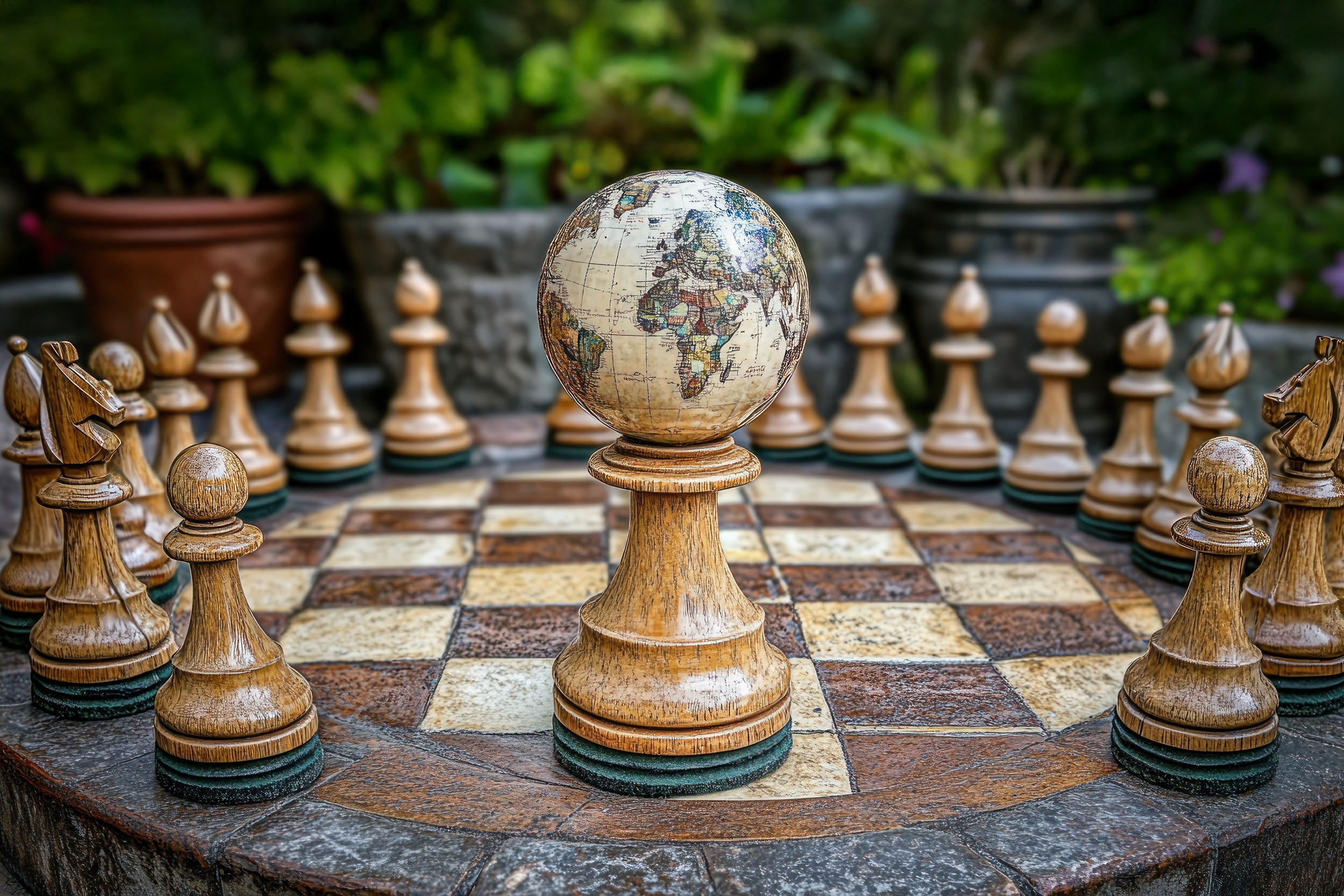 Vintage chessboard with a globe in the center, surrounded by chess pieces. (Adobe Stock)