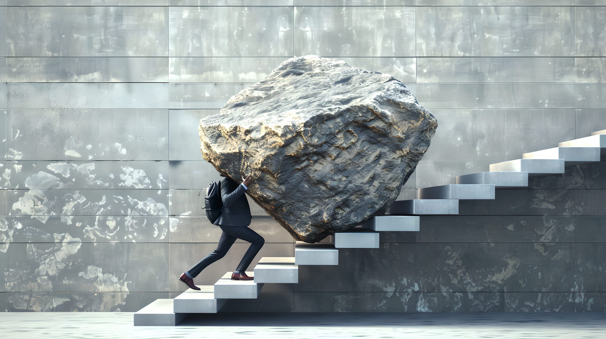 Eine Person trägt einen schweren Felsbrocken die Treppe hinauf. (Adobe Stock)